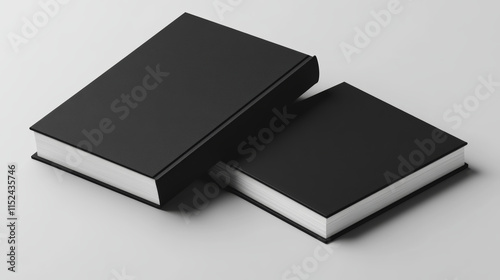 Template of blank paper book with black cover. Vector realistic mock up of 3d standing and lying closed catalog, big textbook, diary or dictionary with empty hardcover