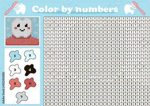 Color by number pixel art game for kids with cute tooth character in mouth, cartoon styl