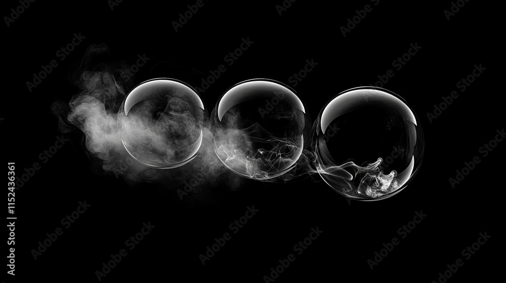 Soap bubbles with smoke and particles on black background. Abstract monochrome glass balls or spheres flying motion. Water foam, soapy circles graphic elements, Realistic 3d vector illustration Soap bubbles with smoke and particles on black background. Abstract monochrome glass balls or spheres flying motion. Water foam, soapy circles graphic elements, Realistic 3d vector illustration