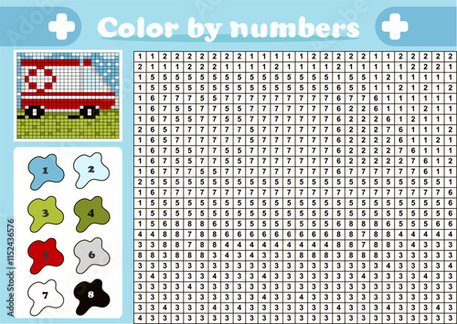 Color by number pixel art game for kids with ambulance car