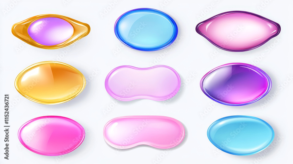 Gel eye patches, collagen masks for skin under eyes. Cosmetic hydrogel pads different colors. Vector realistic set of beauty skincare products for women isolated on transparent background Gel eye patches, collagen masks for skin under eyes. Cosmetic hydrogel pads different colors. Vector realistic set of beauty skincare products for women isolated on transparent background