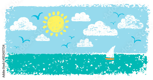 Sea summer beach landscape. Kid ocean background. Childish crayon landscape. Sea, sky, cloud, sun, yacht boat. Pastel poster, vector abstract minimal illustration. Watercolor texture kid drawing beach