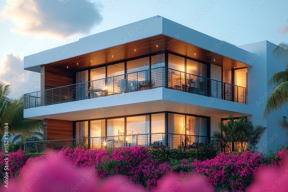 A modern residential building with multiple balconies, great for real estate or architecture images A modern residential building with multiple balconies, great for real estate or architecture images