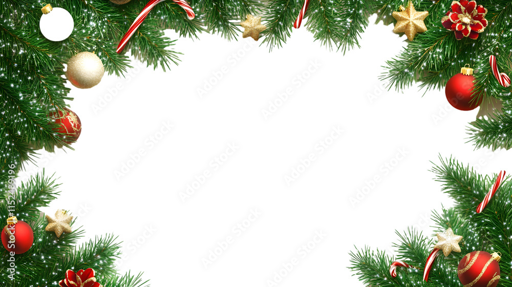 Festive Christmas Border with Ornaments and Pine Branches for Holiday Designs Festive Christmas Border with Ornaments and Pine Branches for Holiday Designs