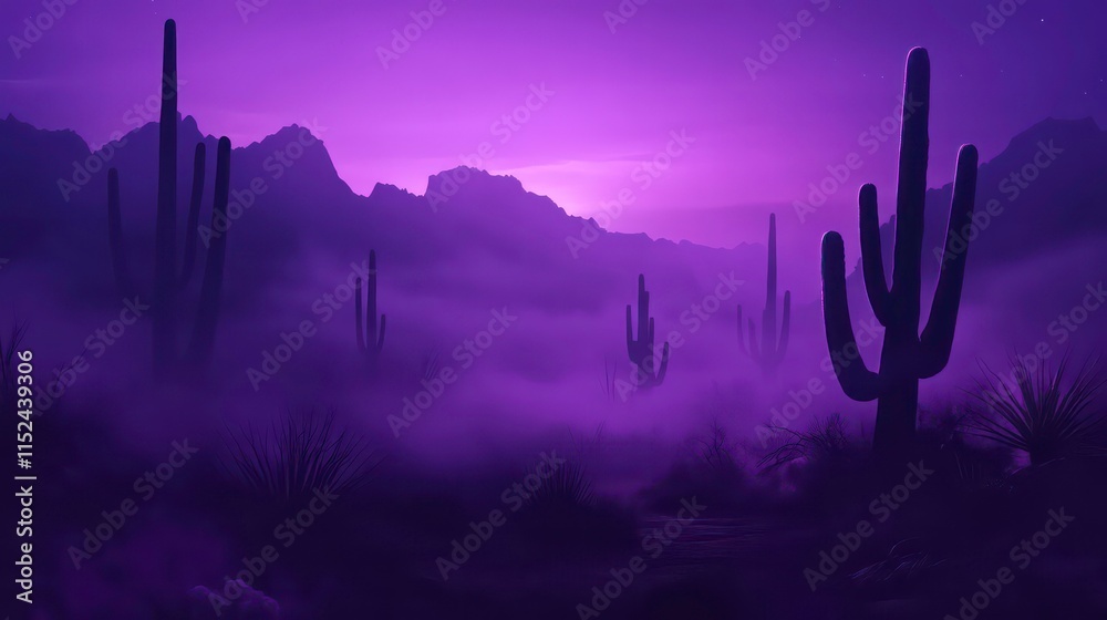 Purple desert landscape at dawn with saguaro cacti and mist. Purple desert landscape at dawn with saguaro cacti and mist.