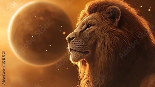 Glowing planet shining brightly behind powerful majestic lion pose image photo