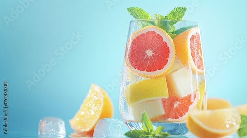 A pink-hued background displays a glass packed with various fruits, accompanied by a person's shadow. photo