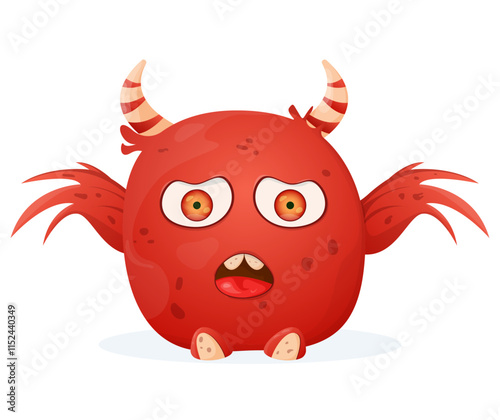 Little cute monster with wings. Emotional monster with red horns. Children's illustration. Character on a white background.