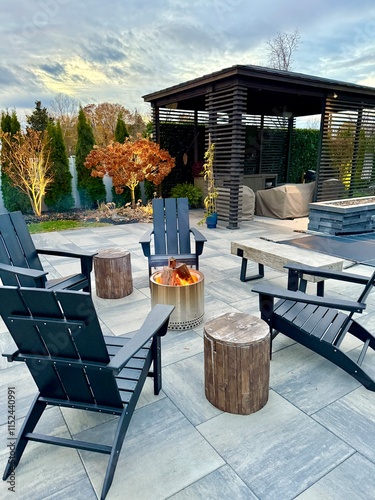 Outdoor sitting area fire pit in a chilly New York backyard in the fall. Enjoy landscaping, foliage and beauty while staying warm and cozy. Perfect for solo, friends and family entertaining outside.