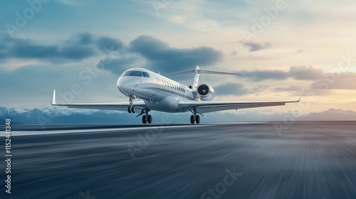 Private jet landing on runway with mountains and dramatic sky at sunset in a serene aviation scene photo