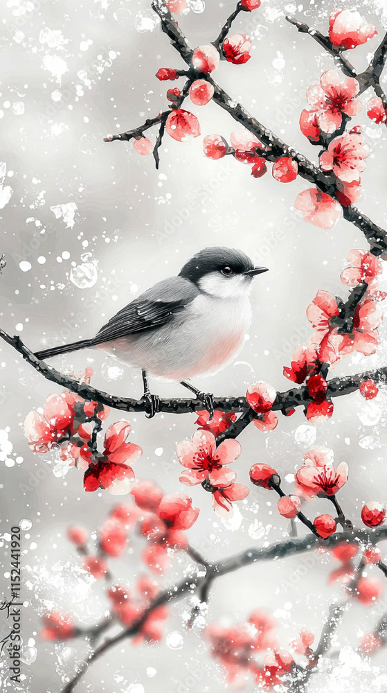 Small bird perched on a blossoming branch in a serene winter setting with falling snow. Small bird perched on a blossoming branch in a serene winter setting with falling snow.