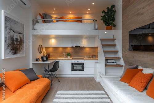 Photographie intérieure d’un studio étudiant optimisé et contemporain, avec un lit mezzanine, un bureau intégré et une kitchenette compacte,  idéal pour une vie fonctionnelle dans un espace restreint.