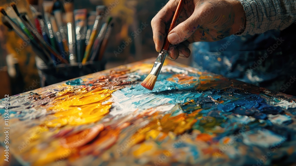 hand holding a brush paints vibrant colors on a palette hand holding a brush paints vibrant colors on a palette