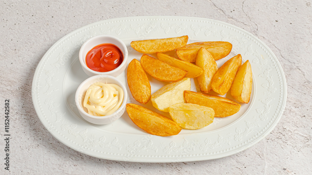 Fries on plate with ketchup and mayonnaise Fries on plate with ketchup and mayonnaise