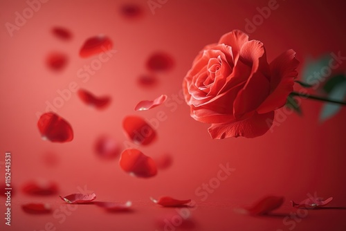 A beautiful red rose with delicate petals on a vibrant red background, suitable for Valentine's Day or romantic occasions