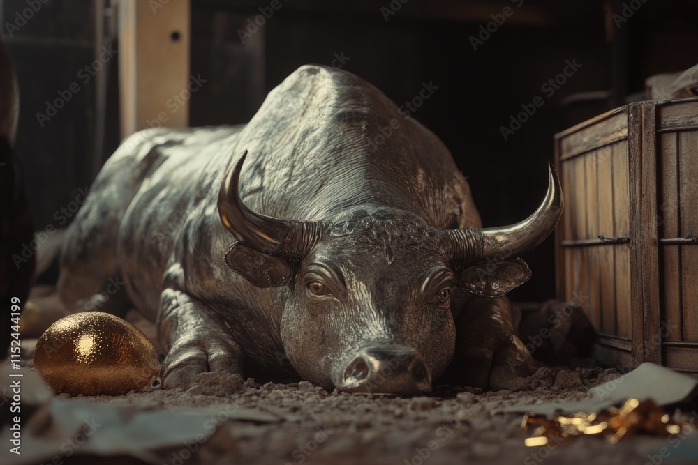 A bronze statue of a bull is depicted lying on the grassy ground, with its head and legs splayed out A bronze statue of a bull is depicted lying on the grassy ground, with its head and legs splayed out