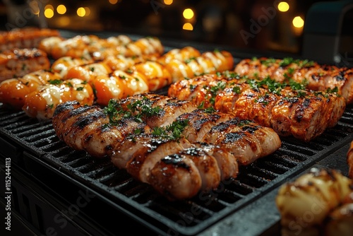 Grilled sausages sizzling on a outdoor grill, perfect for backyard BBQ or picnic photo