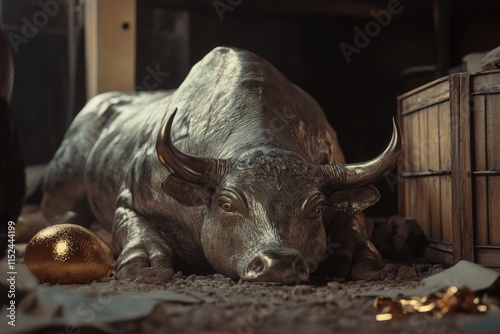 A bronze statue of a bull is depicted lying on the grassy ground, with its head and legs splayed out