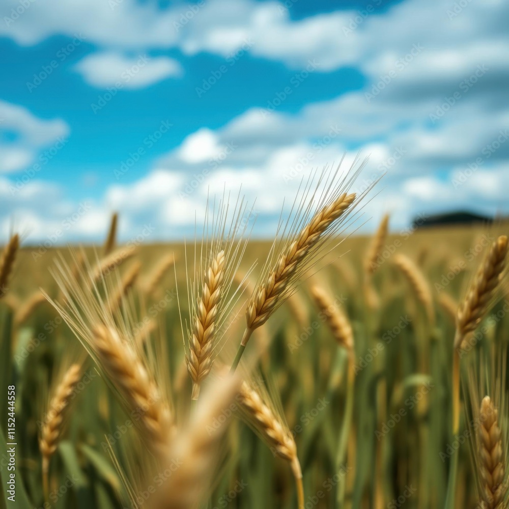 Golden wheat field, close-up of wheat stalks, soft focus background, blue sky with wispy clouds, summer harvest, rural landscape, warm sunlight, shallow depth of field, agricultural scenery, nature ph Golden wheat field, close-up of wheat stalks, soft focus background, blue sky with wispy clouds, summer harvest, rural landscape, warm sunlight, shallow depth of field, agricultural scenery, nature ph