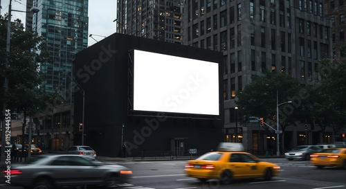 Empty outdoor advertising billboard mounted on a modern building facade, urban street setting with moving vehicles, tall city structures, and overcast weather in the background.