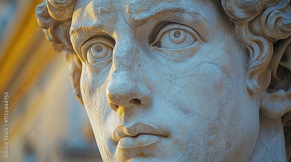A detailed view of a male figure's facial features on a statue A detailed view of a male figure's facial features on a statue