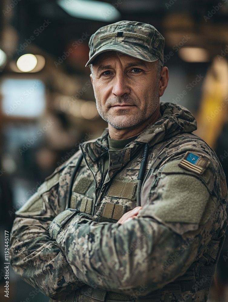 Military personnel in uniform stands confidently outdoors Military personnel in uniform stands confidently outdoors