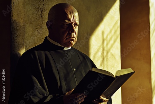 A cleric in a traditional priestly robe holding an open book, likely studying or conducting research photo