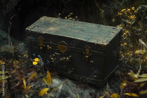 An old suitcase sitting on a rock in the woods, great for outdoor adventure or travel themed designs photo