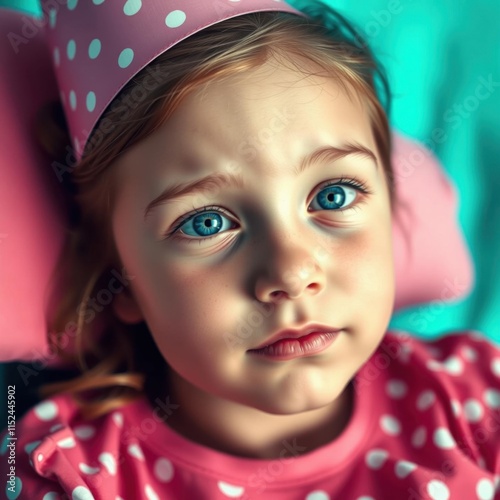 Young child portrait, bright blue eyes, freckles, rosy cheeks, red polka dot shirt, turquoise background, soft lighting, dreamy atmosphere, shallow depth of field, high detail, photorealistic, cinemat photo