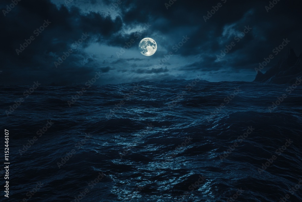 A full moon shines brightly over the ocean's calm waters, creating a peaceful atmosphere