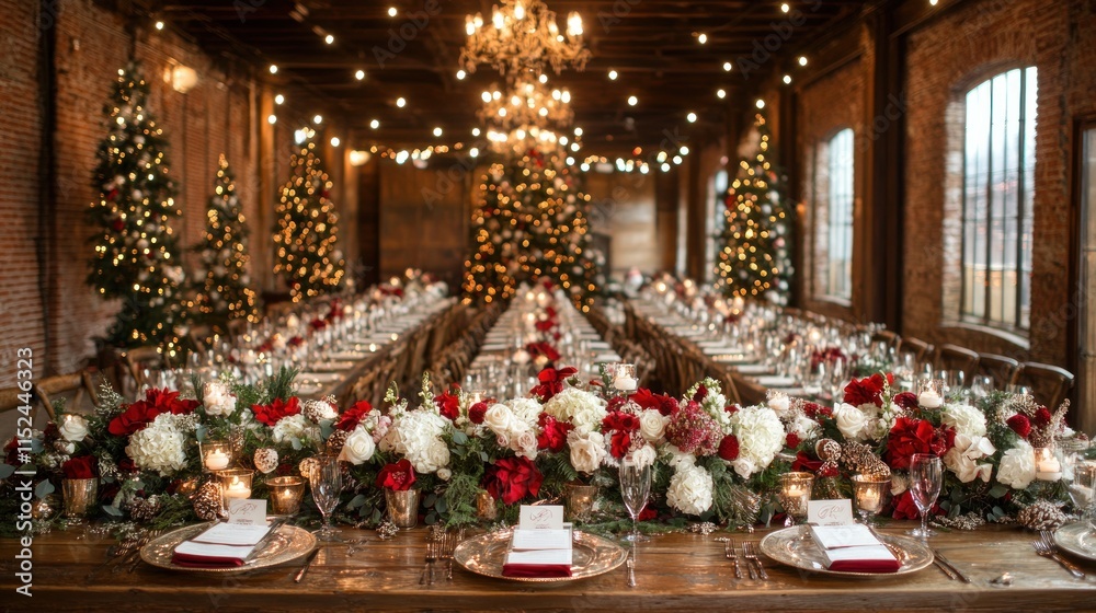 Elegant holiday dining setup with festive decorations and a warm ambiance. Elegant holiday dining setup with festive decorations and a warm ambiance.