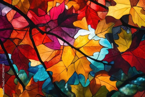 Vibrant autumn leaves in stained glass style.