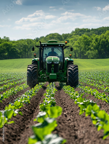 Tractor working in a green farm field on a sunny day