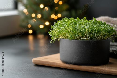 holiday kitchen decor, micro greens arranged on a minimalistic kitchen table in a scandi kitchen, with a large window and festive decor photo