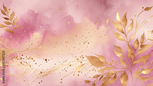 Romantic soft pink watercolor background with golden floral details and elegant dreamy textures, perfect for weddings, posters, and creative luxury visuals.