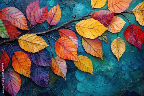 Colorful autumn leaves branch painting. photo