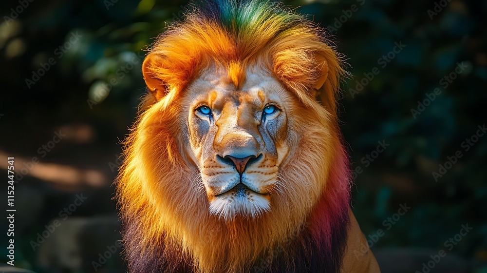 Fototapeta premium Majestic lion glowing brightly with rainbow mane blue eyes image