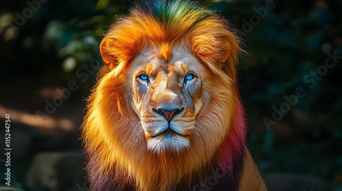 Majestic lion glowing brightly with rainbow mane blue eyes image photo