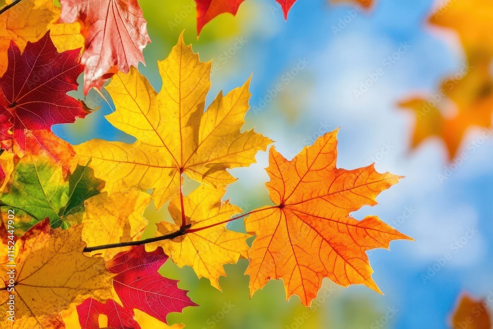 Vibrant autumn maple leaves against a bright blue sky. Vibrant autumn maple leaves against a bright blue sky.