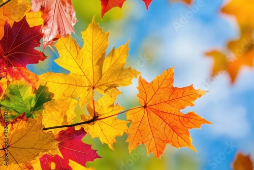 Vibrant autumn maple leaves against a bright blue sky.