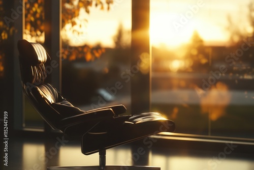 A single black leather chair sits in front of a window, perfect for a cozy reading nook or study area photo