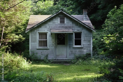 Cozy cottage surrounded by trees and foliage