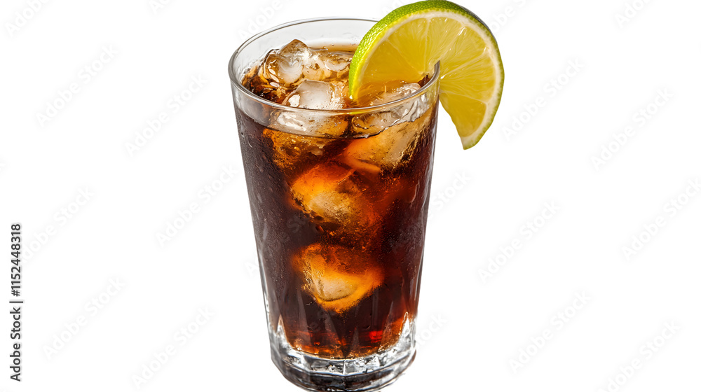 Refreshing glass of cola with ice and lemon slice on a white background Refreshing glass of cola with ice and lemon slice on a white background