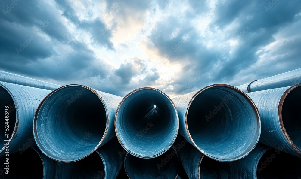 An industrial warehouse with stacked metal pipes under a cloudy sky, a vertical image of infrastructure development, engineering, and industrial progress An industrial warehouse with stacked metal pipes under a cloudy sky, a vertical image of infrastructure development, engineering, and industrial progress