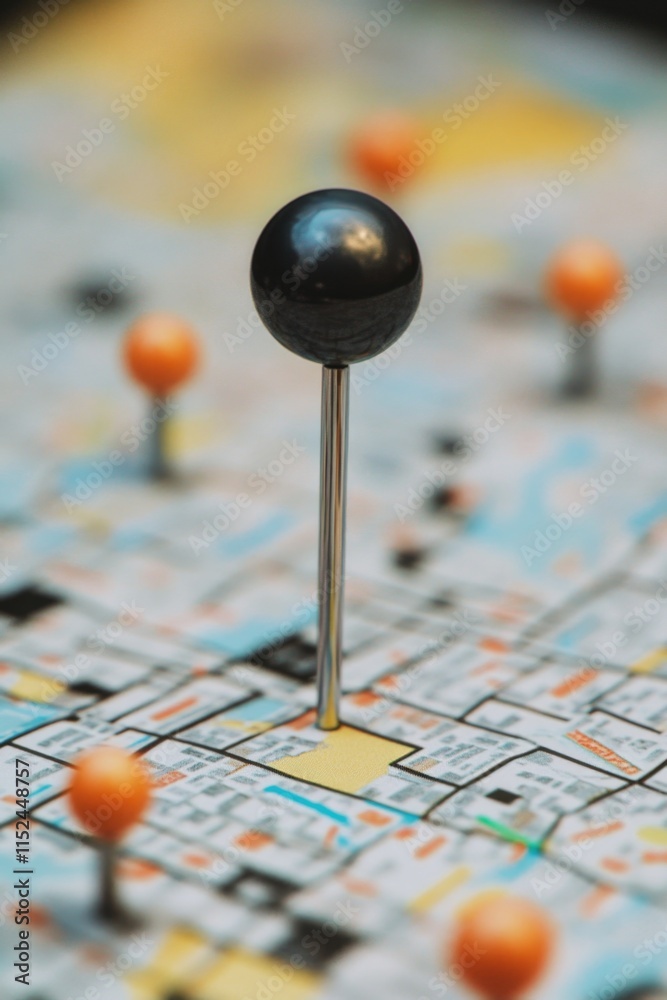 Close-up of a map with pins marking various locations, useful for travel or presentation purposes