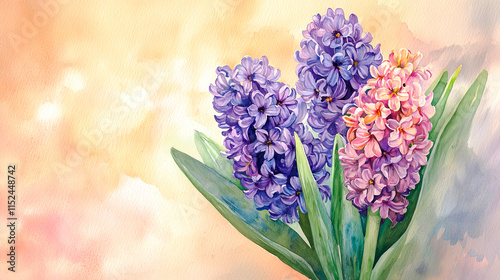 Bouquet of pink and purple hyacinth flowers. Spring concept. Postcard for March 8 and Easter.