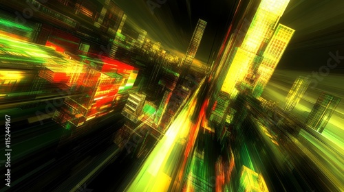 A dynamic and colorful digital creation with an array of neon rectangles and squares in different sizes, layered over a dark grid-like background.
