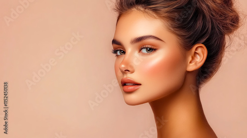 Captivating portrait of a young woman showcasing radiant skin against a soft brown backdrop, emphasizing natural beauty and elegance in contemporary aesthetics