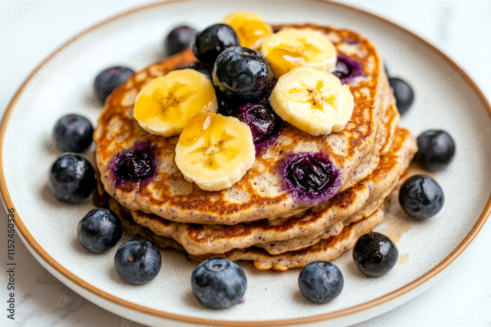 Delicious banana blueberry buckwheat hotcakes served on a cream ceramic plate, perfect for a bright morning on a marble countertop Delicious banana blueberry buckwheat hotcakes served on a cream ceramic plate, perfect for a bright morning on a marble countertop