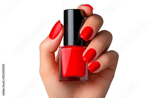 Bright red manicure showcases elegant style with matching nail polish bottle in a clean, minimalist setting photo